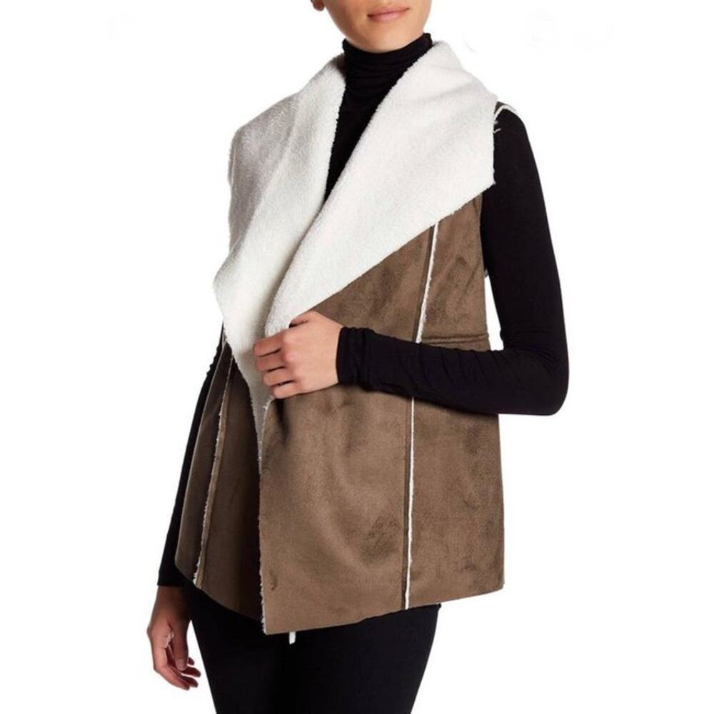 Susina Sherpa Lined Faux Suede Drape Vest Women’s Small Olive Brown